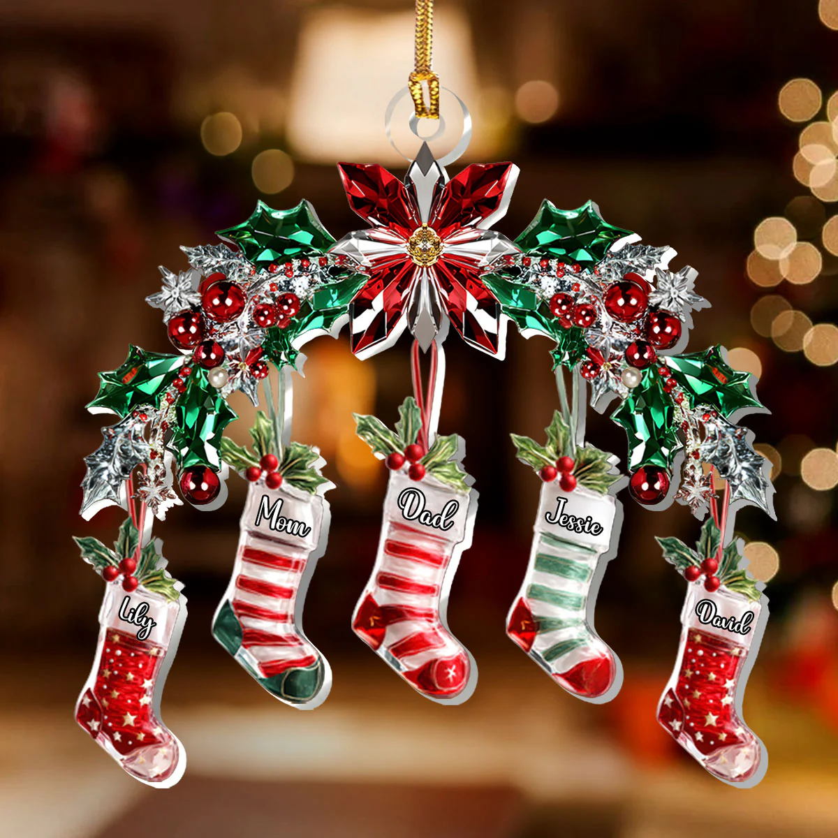 Festive Crystal Stockings Family - Personalized 1-Layer Acrylic Ornament - Image 2