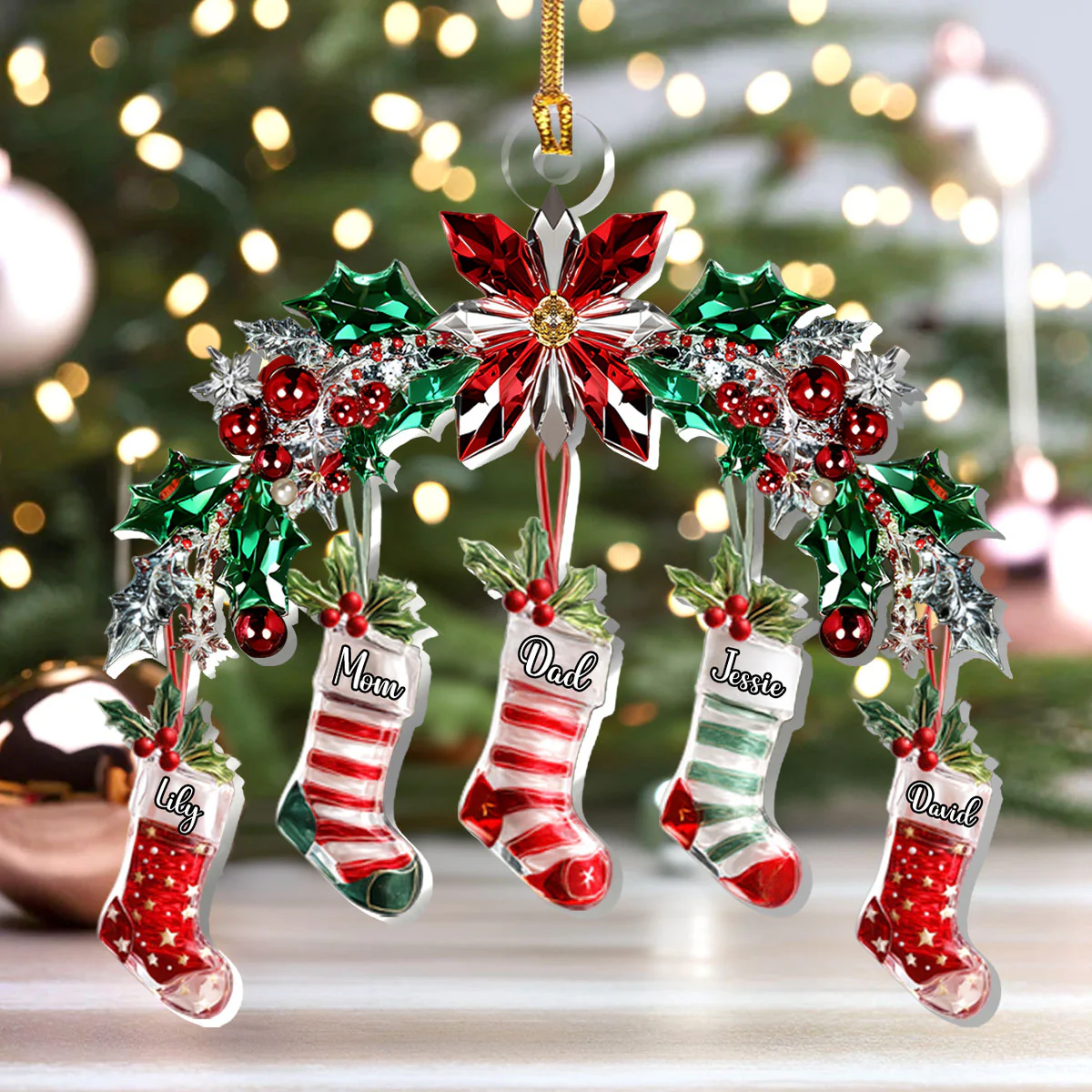 Festive Crystal Stockings Family - Personalized 1-Layer Acrylic Ornament - Image 4