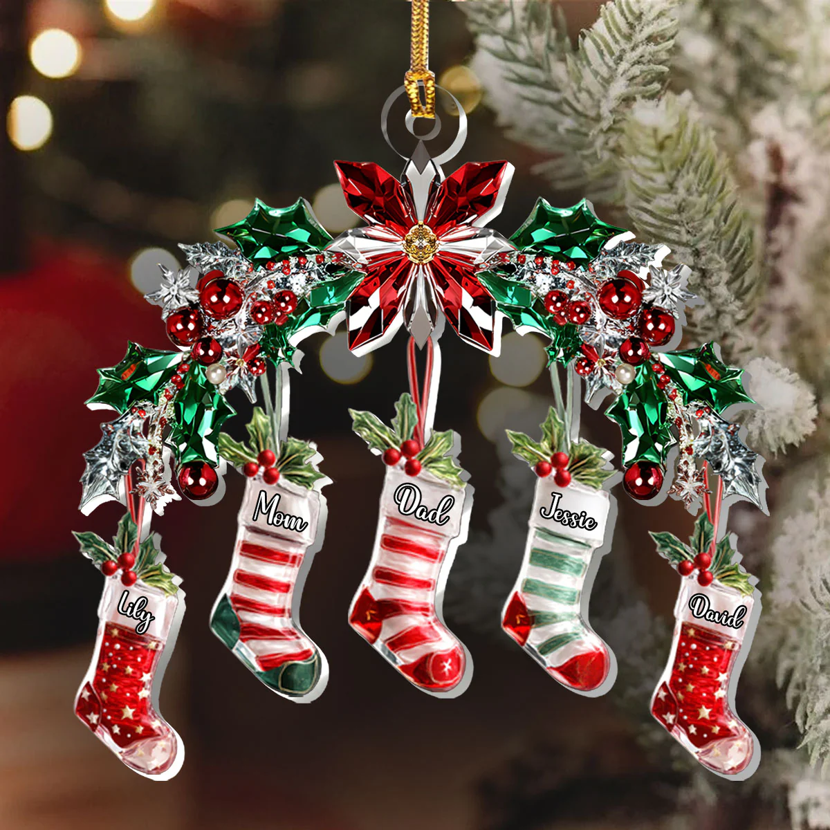 Festive Crystal Stockings Family - Personalized 1-Layer Acrylic Ornament - Image 6