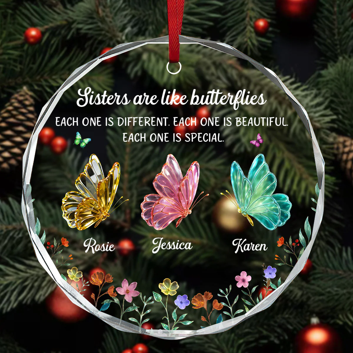 Festive Sister Love - Personalized Round Shaped Glass Ornament - Image 3