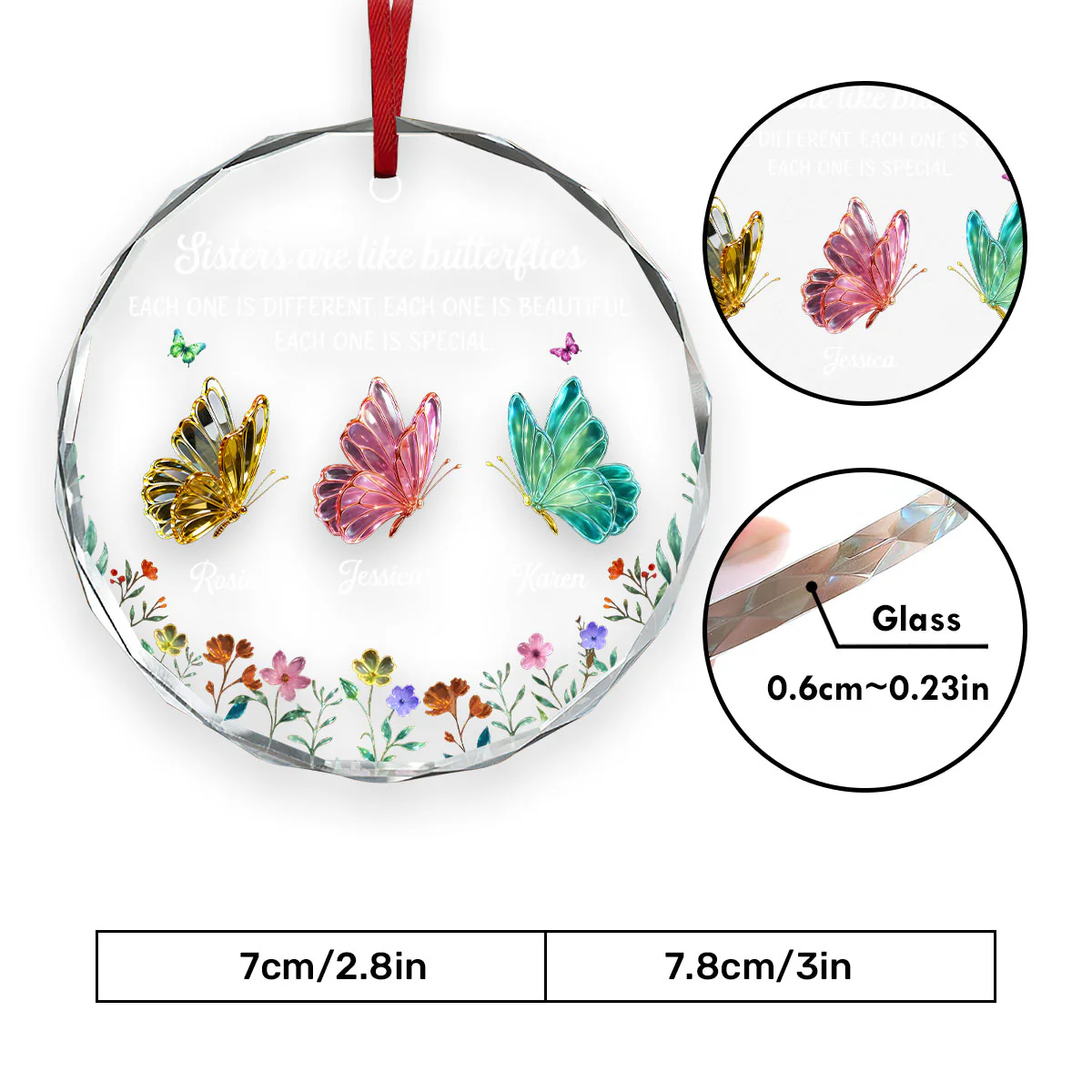 Festive Sister Love - Personalized Round Shaped Glass Ornament - Image 5