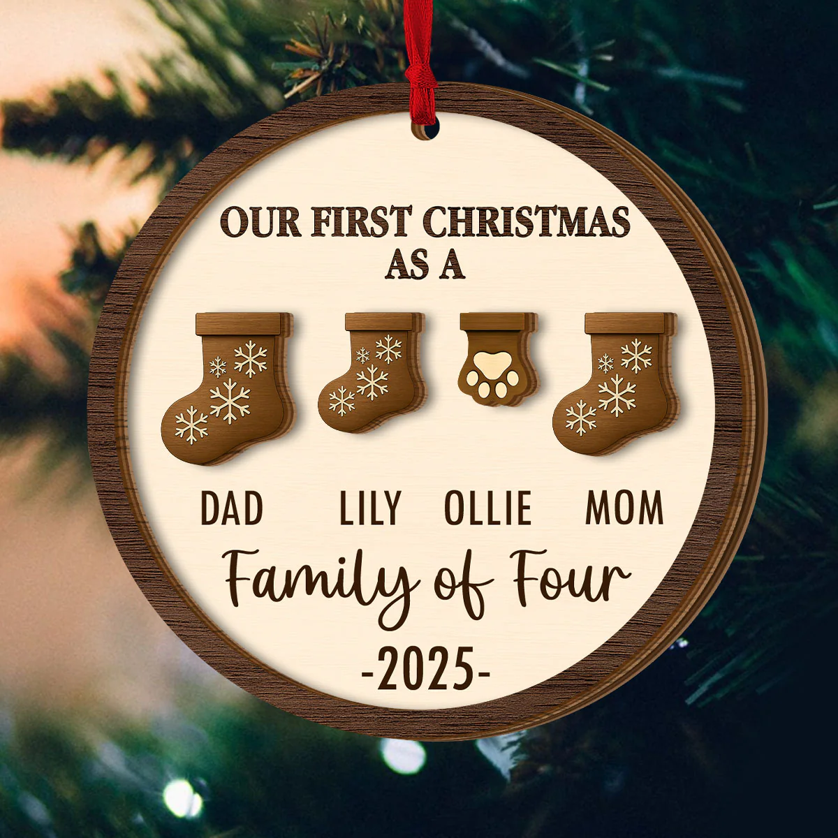 First Christmas As A Family Christmas Stockings - Personalized 2-Layered Wooden Ornament - Image 5