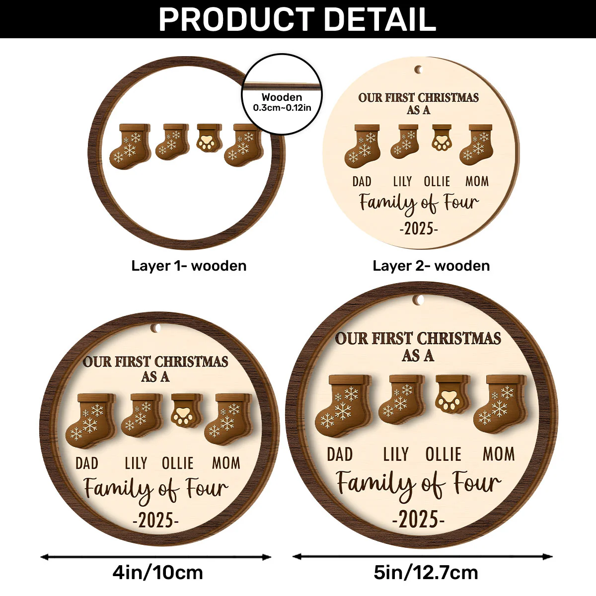 First Christmas As A Family Christmas Stockings - Personalized 2-Layered Wooden Ornament - Image 6