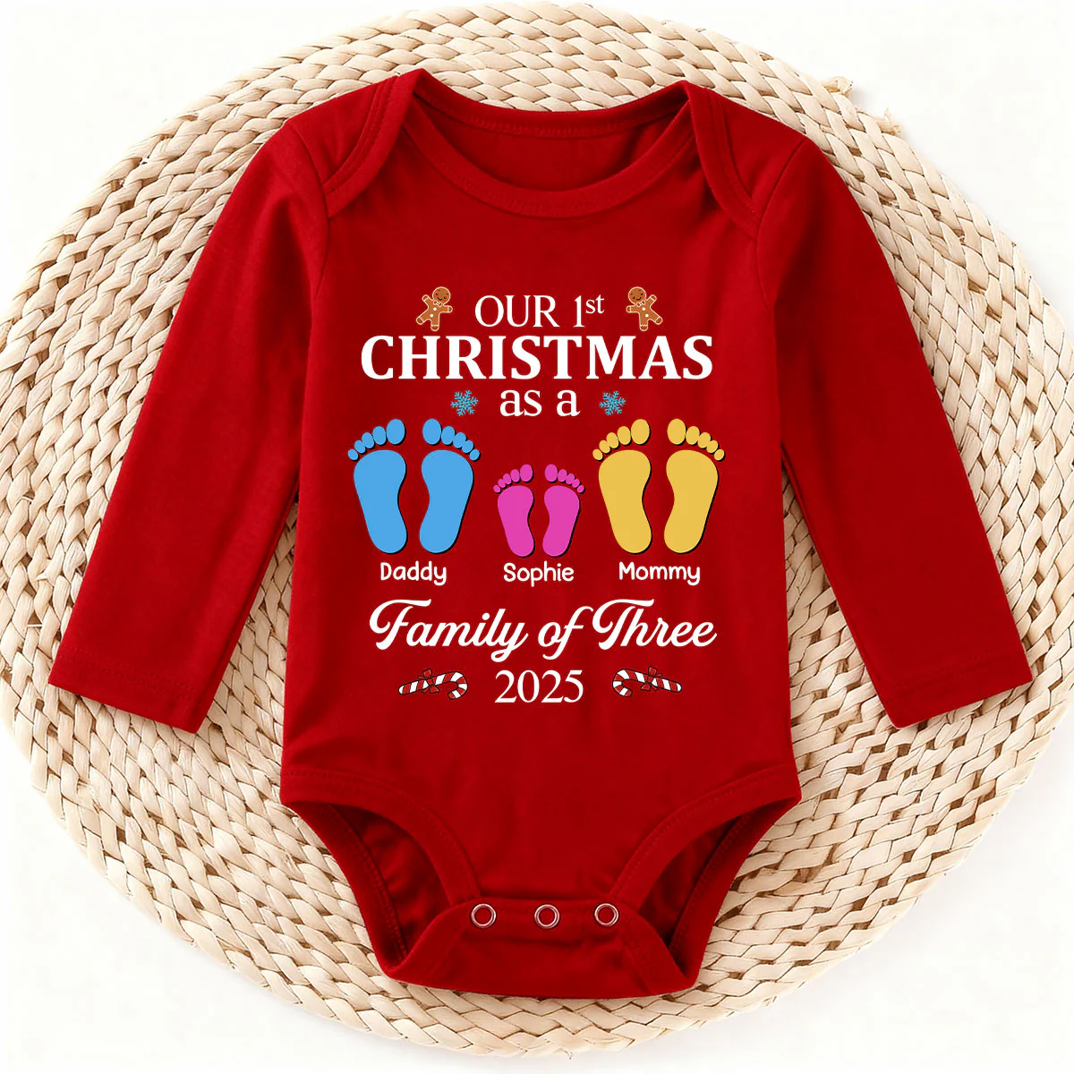 First Christmas As A Family Of 3 - Personalized Long Sleeve Baby Onesie