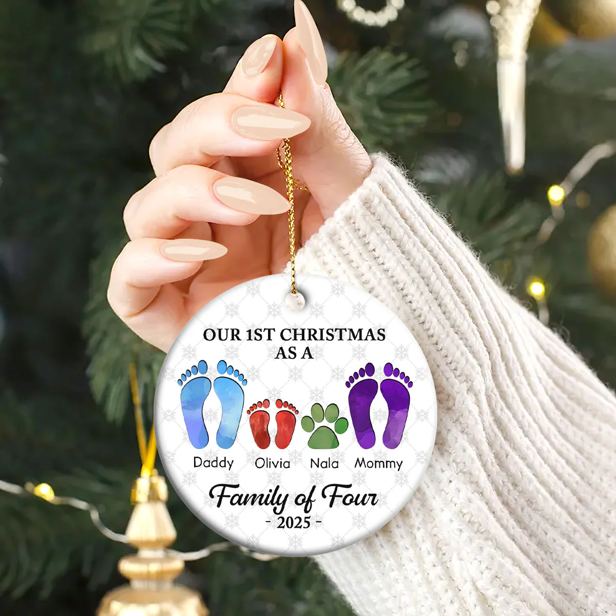 First Christmas As A Family Of Four Footprints - Personalized Round Shaped Ceramic Ornament - Image 2