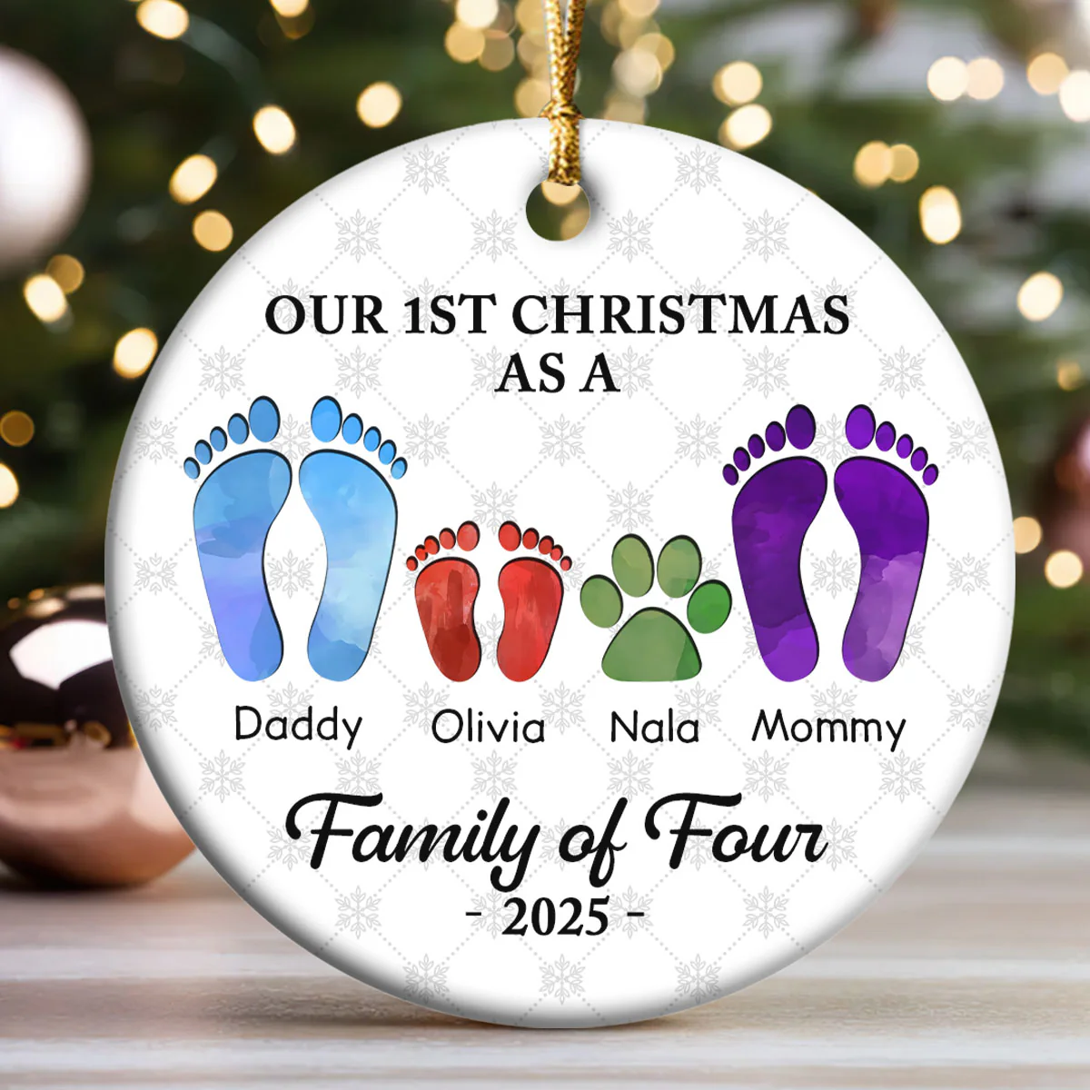 First Christmas As A Family Of Four Footprints - Personalized Round Shaped Ceramic Ornament - Image 3