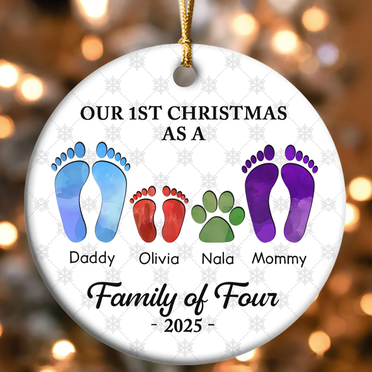 First Christmas As A Family Of Four Footprints - Personalized Round Shaped Ceramic Ornament - Image 4