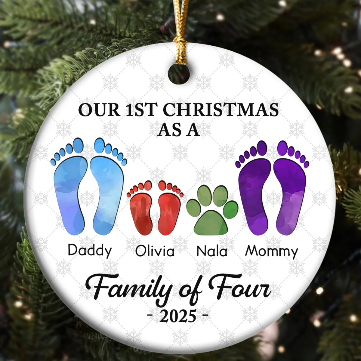First Christmas As A Family Of Four Footprints - Personalized Round Shaped Ceramic Ornament - Image 5