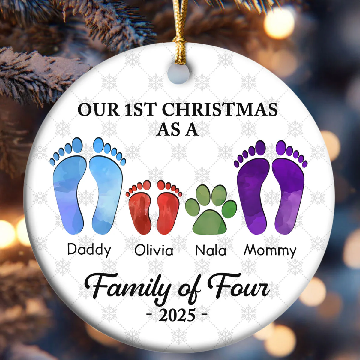 First Christmas As A Family Of Four Footprints - Personalized Round Shaped Ceramic Ornament - Image 6