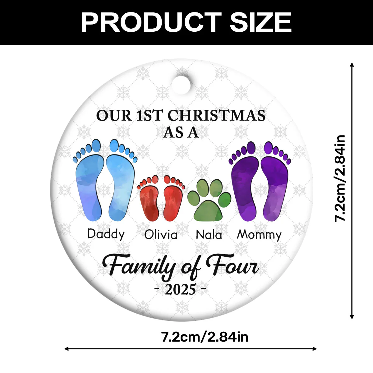 First Christmas As A Family Of Four Footprints - Personalized Round Shaped Ceramic Ornament - Image 7