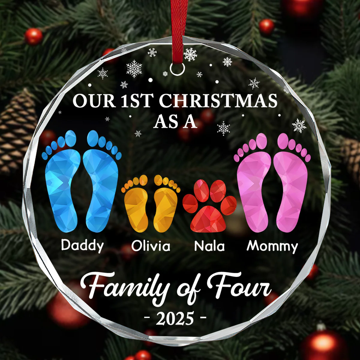 First Christmas As A Family Of Four Footprints - Personalized Round Shaped Glass Ornament - Image 4