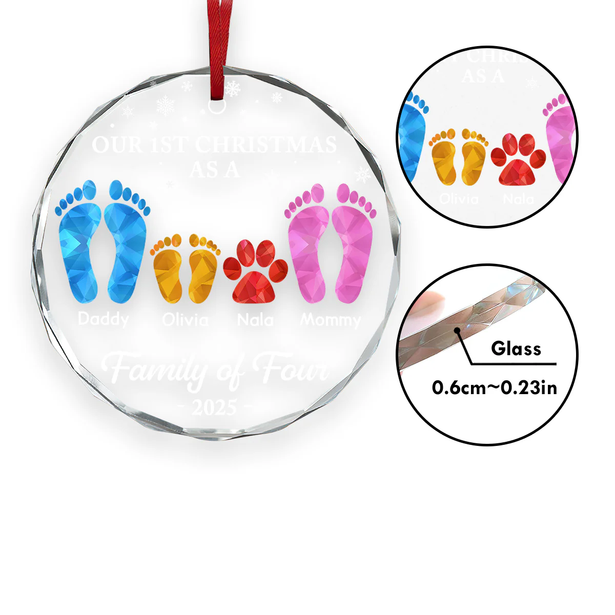 First Christmas As A Family Of Four Footprints - Personalized Round Shaped Glass Ornament - Image 6