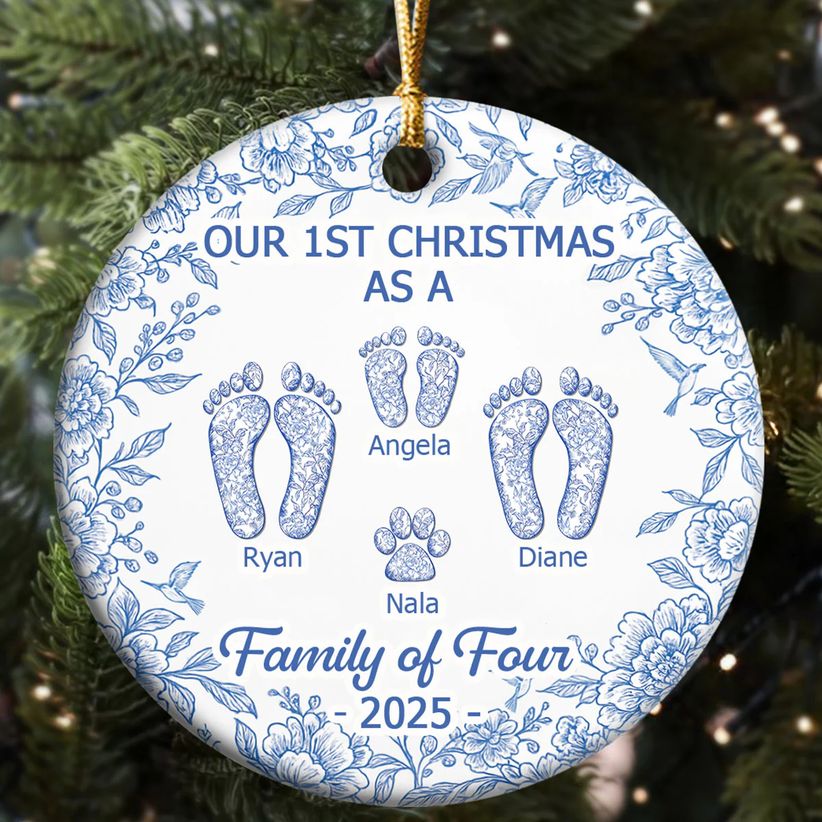 First Christmas As A Family Of Four Toile Footprints - Personalized Round Shaped Ceramic Ornament - Image 5