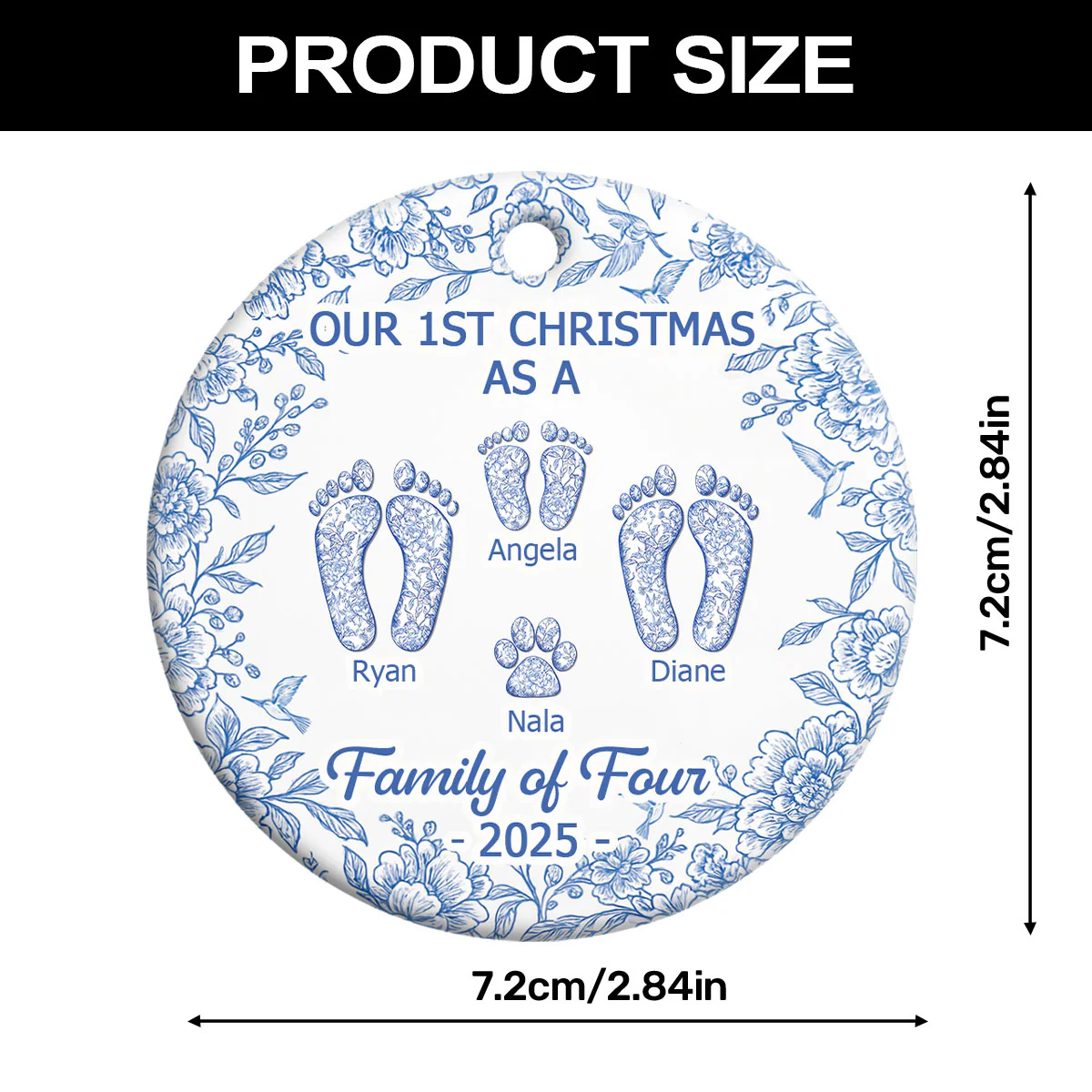 First Christmas As A Family Of Four Toile Footprints - Personalized Round Shaped Ceramic Ornament - Image 7
