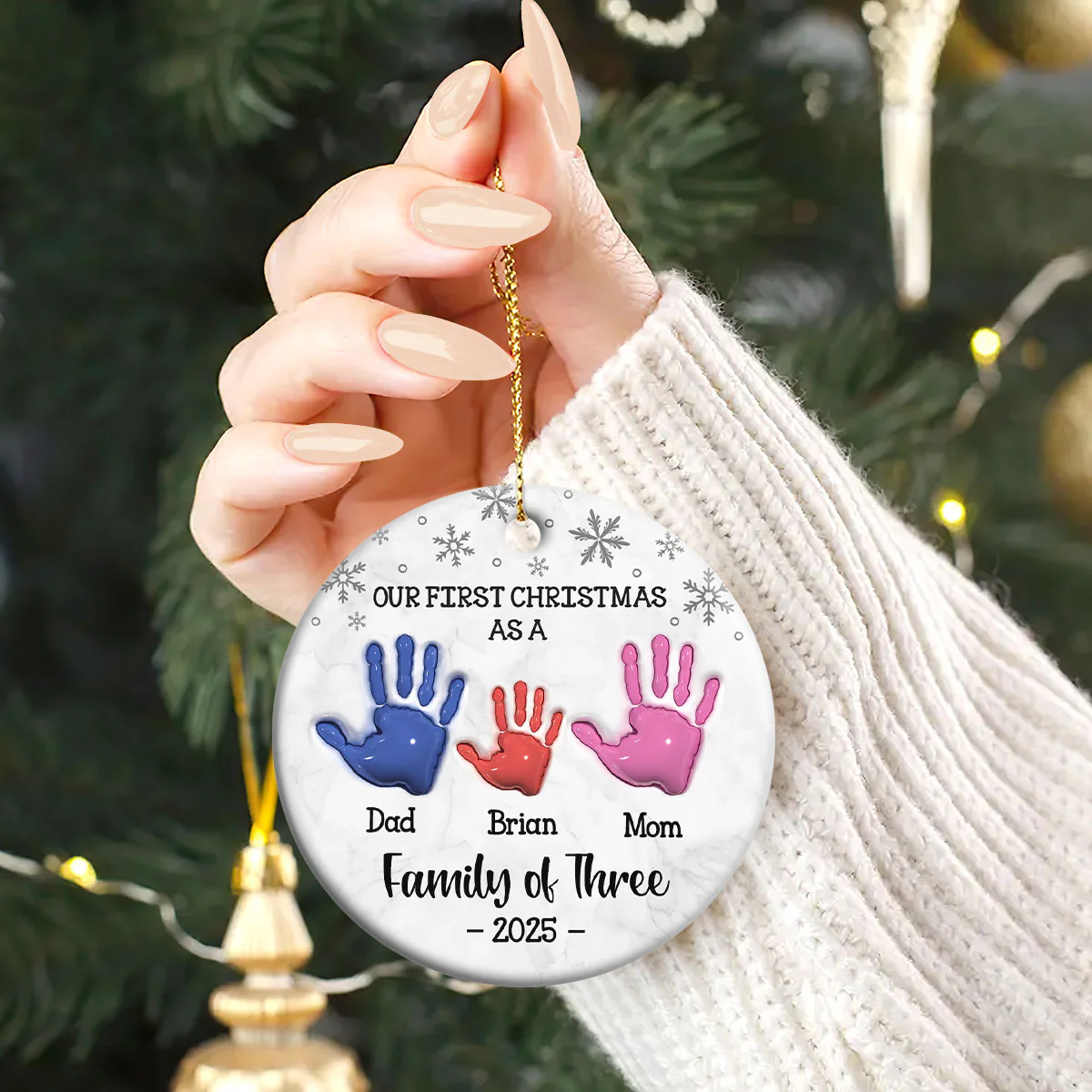First Christmas As A Family Of Three Handprints - Personalized Round Shaped Ceramic Ornament - Image 2