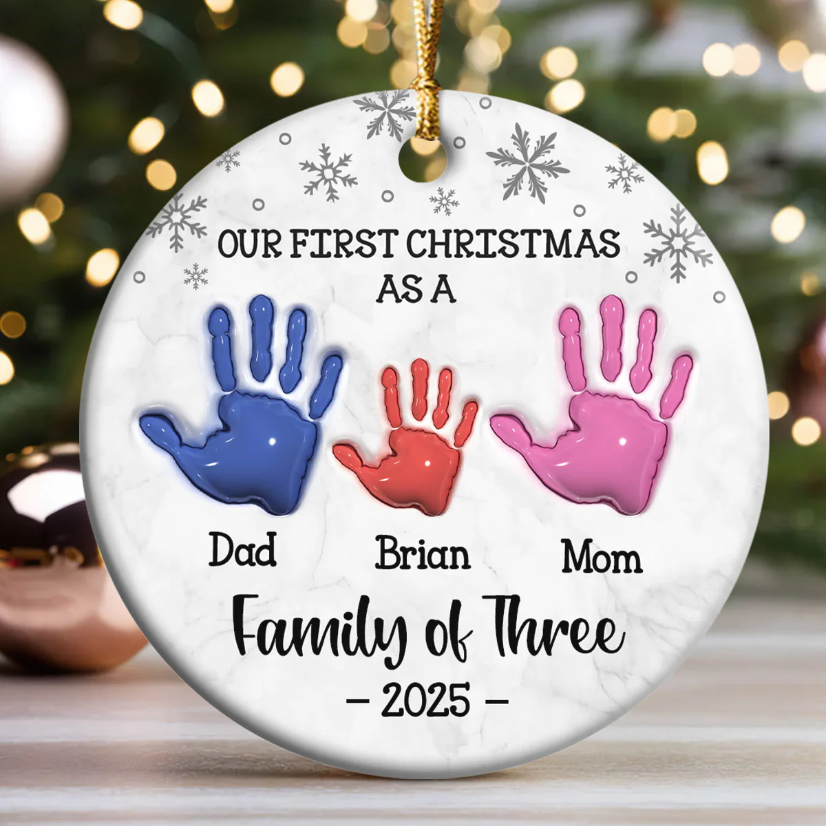 First Christmas As A Family Of Three Handprints - Personalized Round Shaped Ceramic Ornament - Image 3