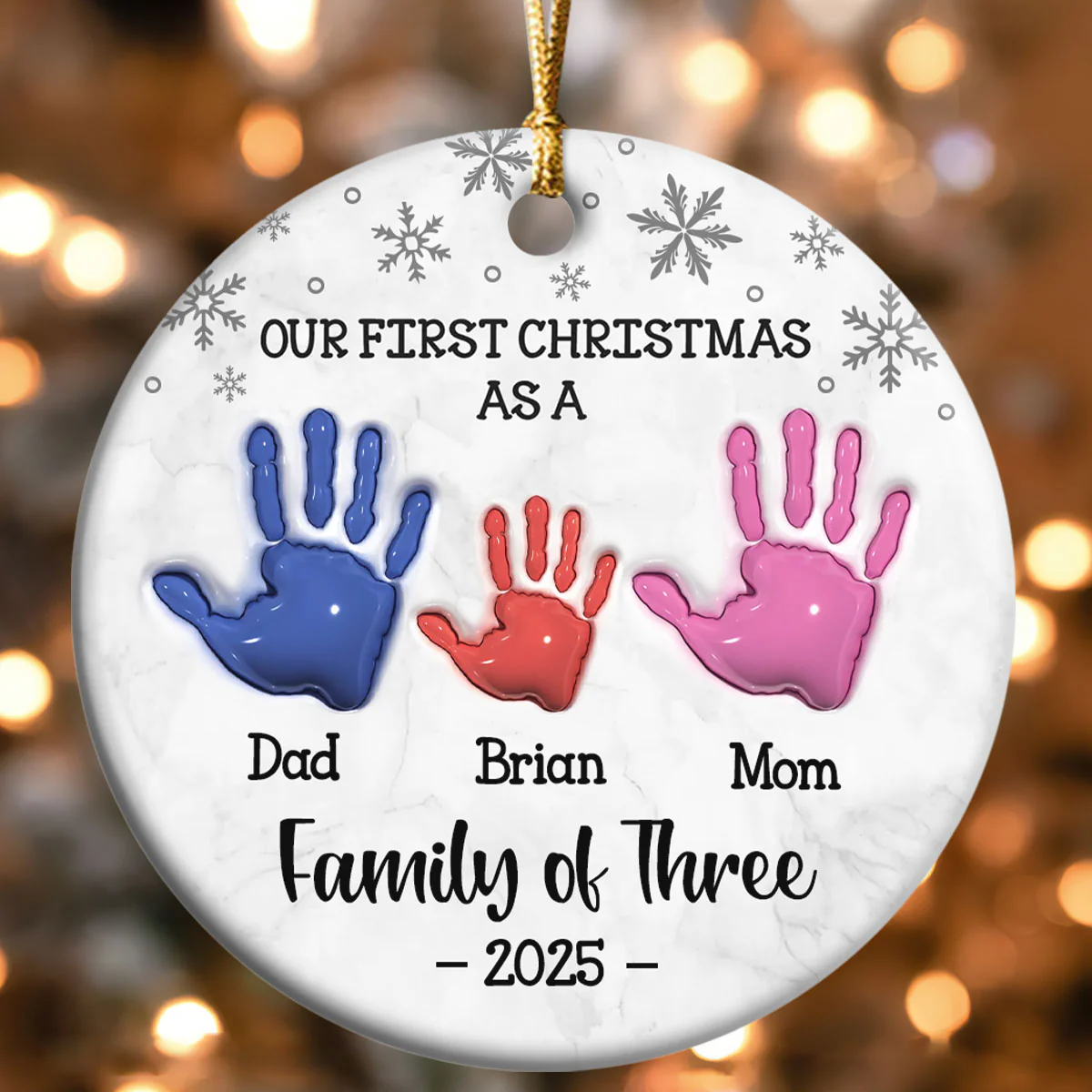First Christmas As A Family Of Three Handprints - Personalized Round Shaped Ceramic Ornament - Image 4
