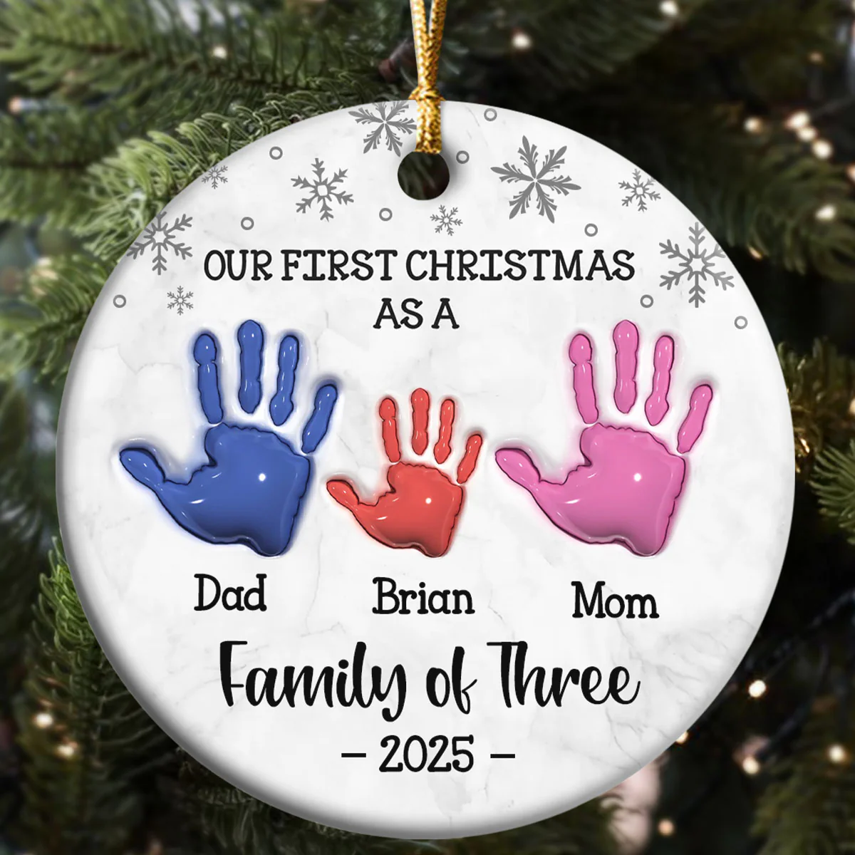 First Christmas As A Family Of Three Handprints - Personalized Round Shaped Ceramic Ornament - Image 5