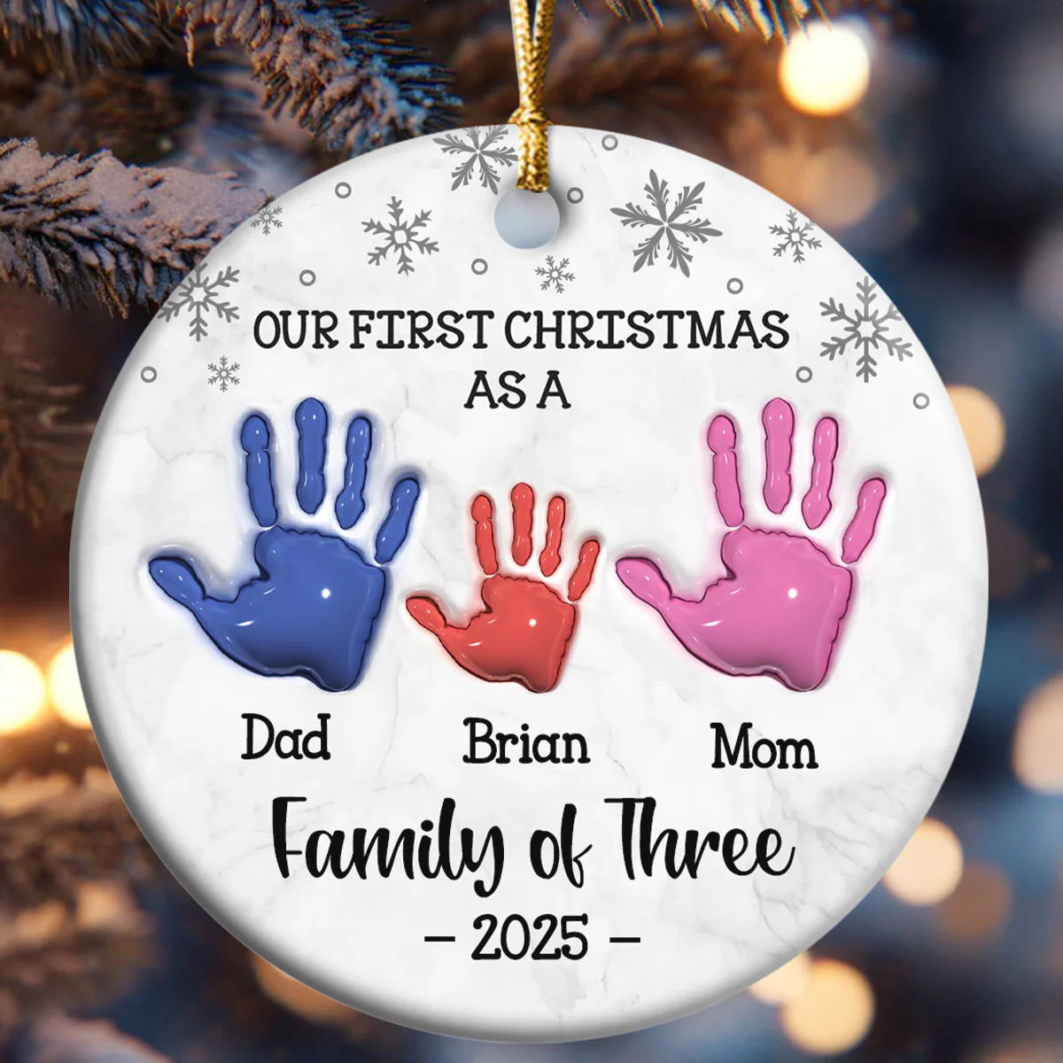 First Christmas As A Family Of Three Handprints - Personalized Round Shaped Ceramic Ornament - Image 6