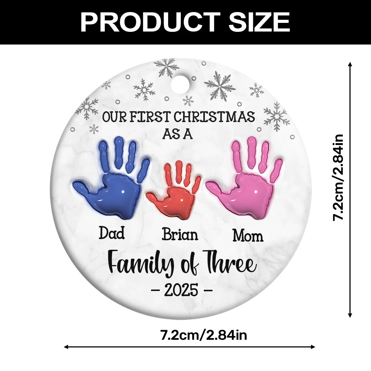 First Christmas As A Family Of Three Handprints - Personalized Round Shaped Ceramic Ornament - Image 7