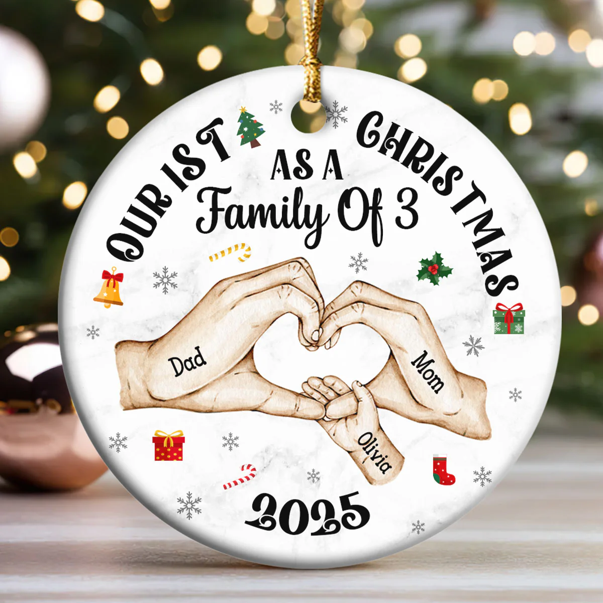 First Christmas As A Family Of Three Holding Hands - Personalized Round Shaped Ceramic Ornament - Image 3