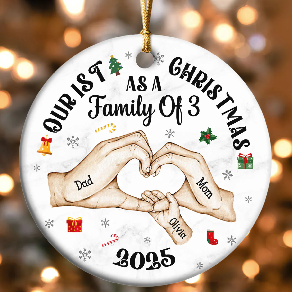 First Christmas As A Family Of Three Holding Hands - Personalized Round Shaped Ceramic Ornament - Image 4