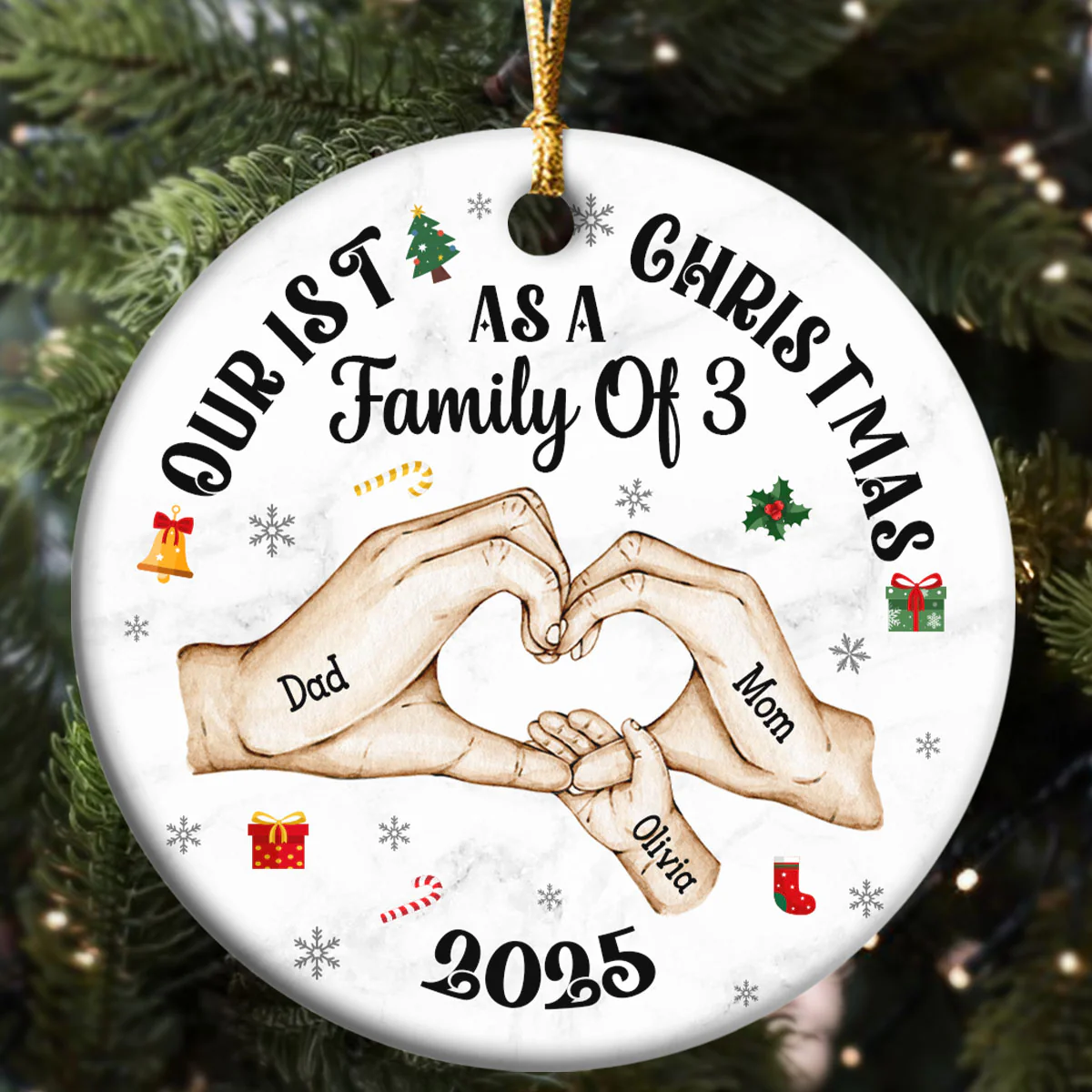 First Christmas As A Family Of Three Holding Hands - Personalized Round Shaped Ceramic Ornament - Image 5