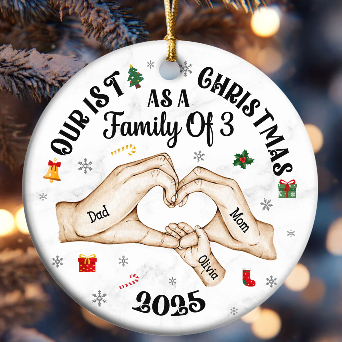 First Christmas As A Family Of Three Holding Hands - Personalized Round Shaped Ceramic Ornament - Image 6