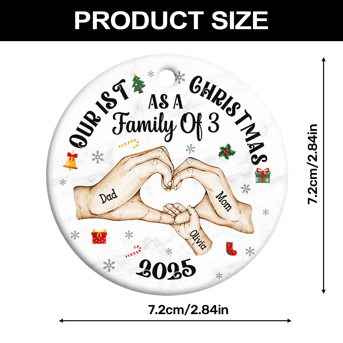 First Christmas As A Family Of Three Holding Hands - Personalized Round Shaped Ceramic Ornament - Image 7