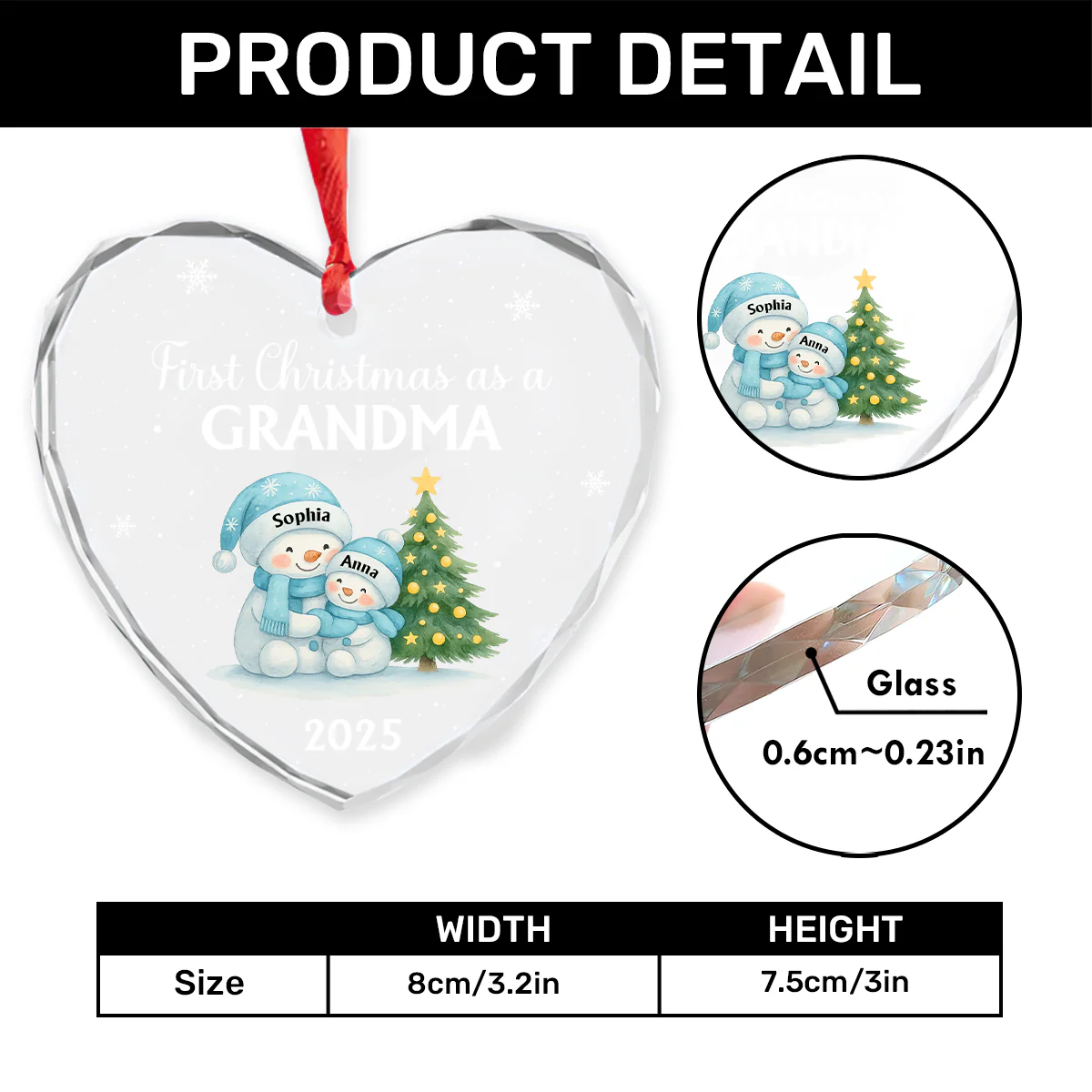 First Christmas As A Grandma - Personalized Heart Shaped Glass Ornament - Image 4