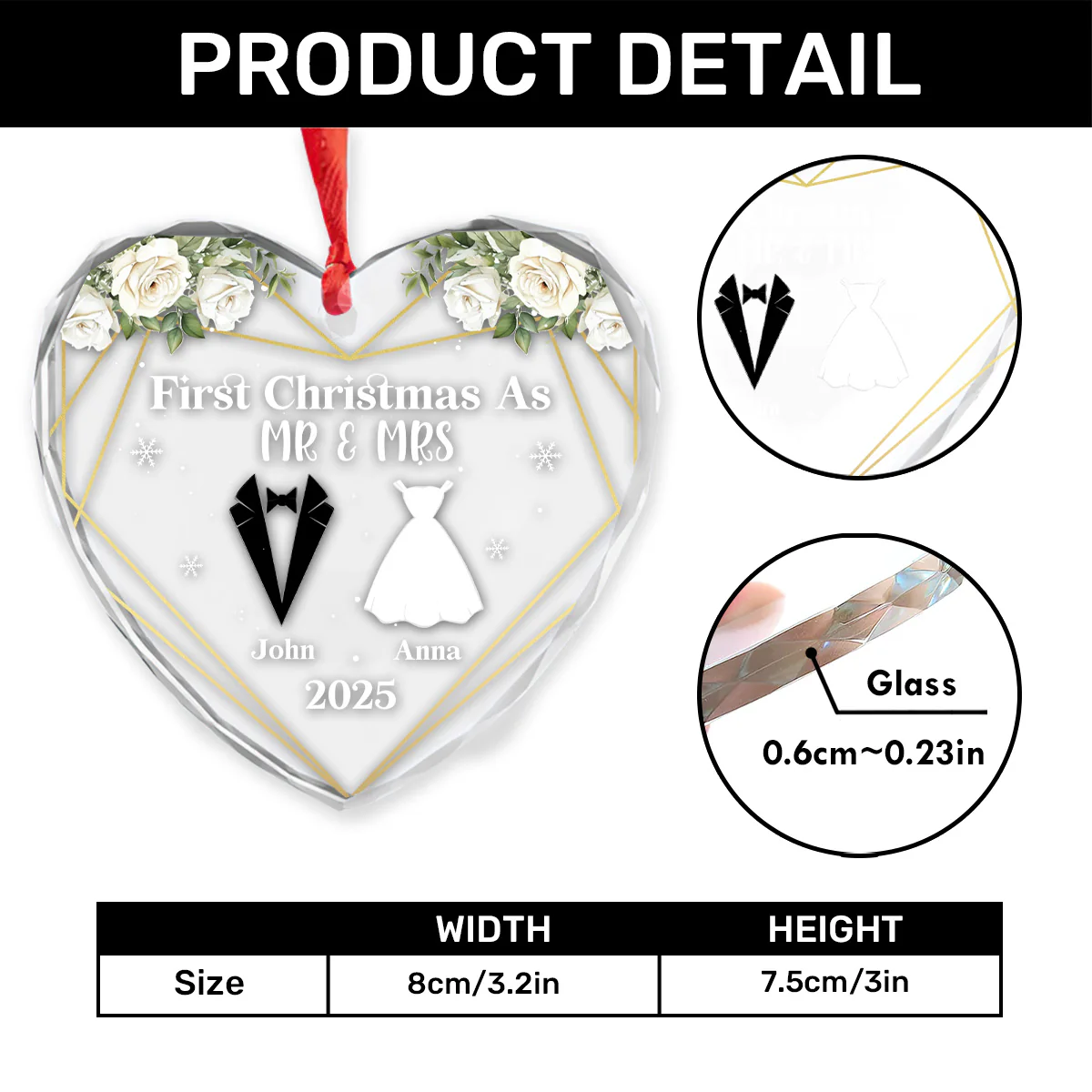 First Christmas As Life Partners - Personalized Heart Shaped Glass Ornament - Image 4