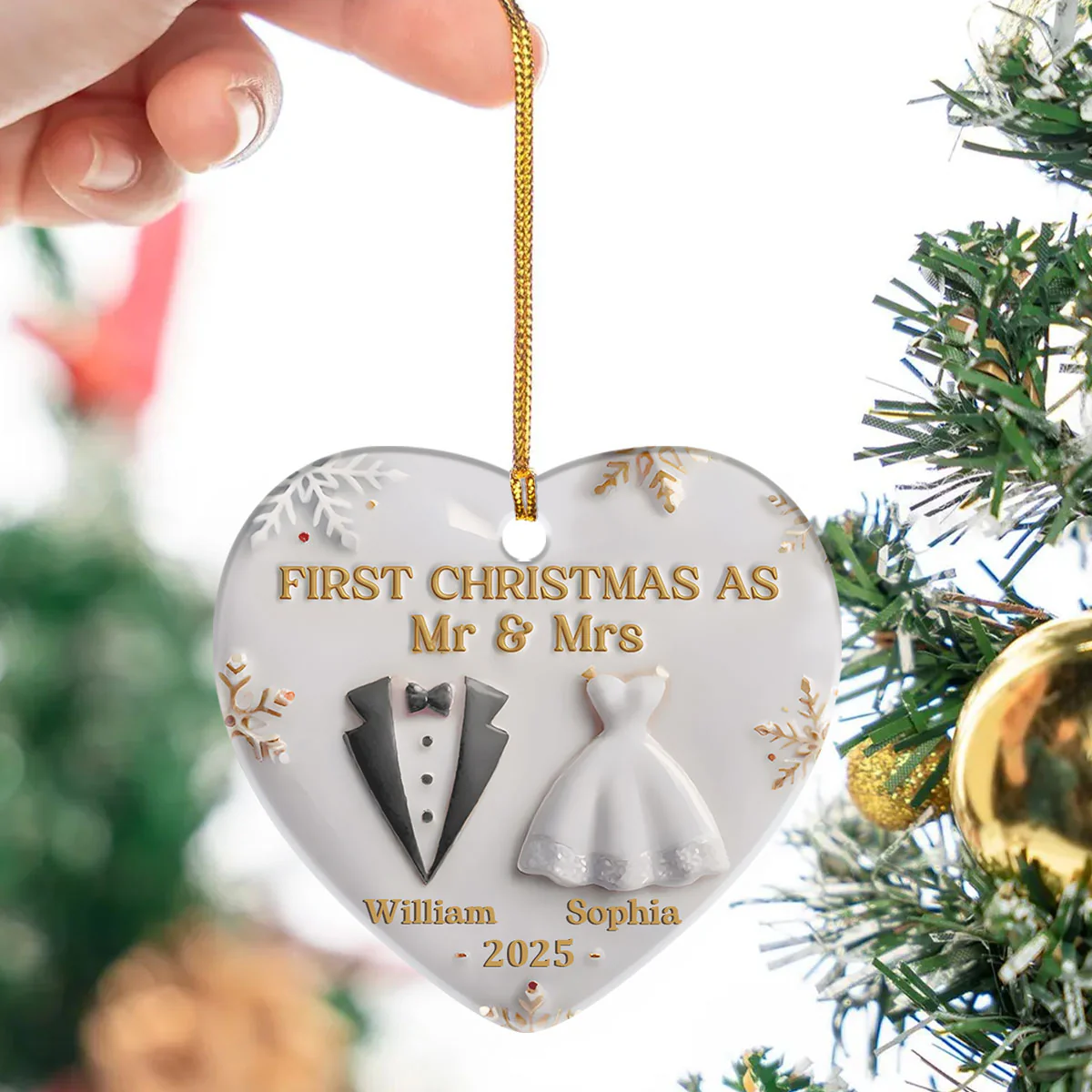 First Christmas As Mr & Mrs - Personalized Heart Shaped Ceramic Ornament - Image 2