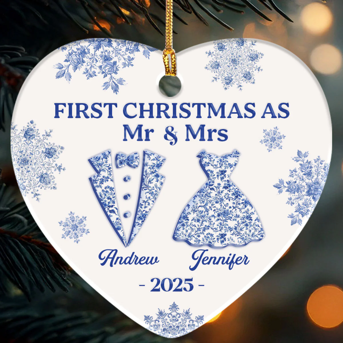 First Christmas As Mr & Mrs - Personalized Heart Shaped Ceramic Ornament