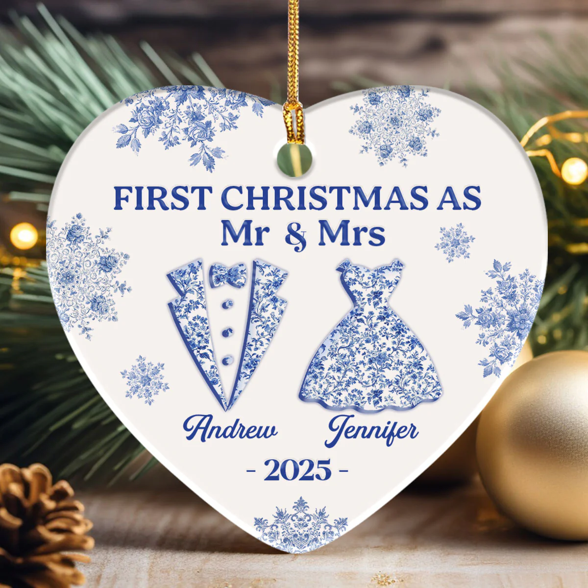 First Christmas As Mr & Mrs - Personalized Heart Shaped Ceramic Ornament - Image 3