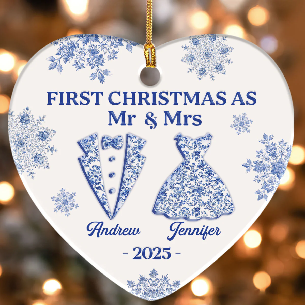 First Christmas As Mr & Mrs - Personalized Heart Shaped Ceramic Ornament - Image 4