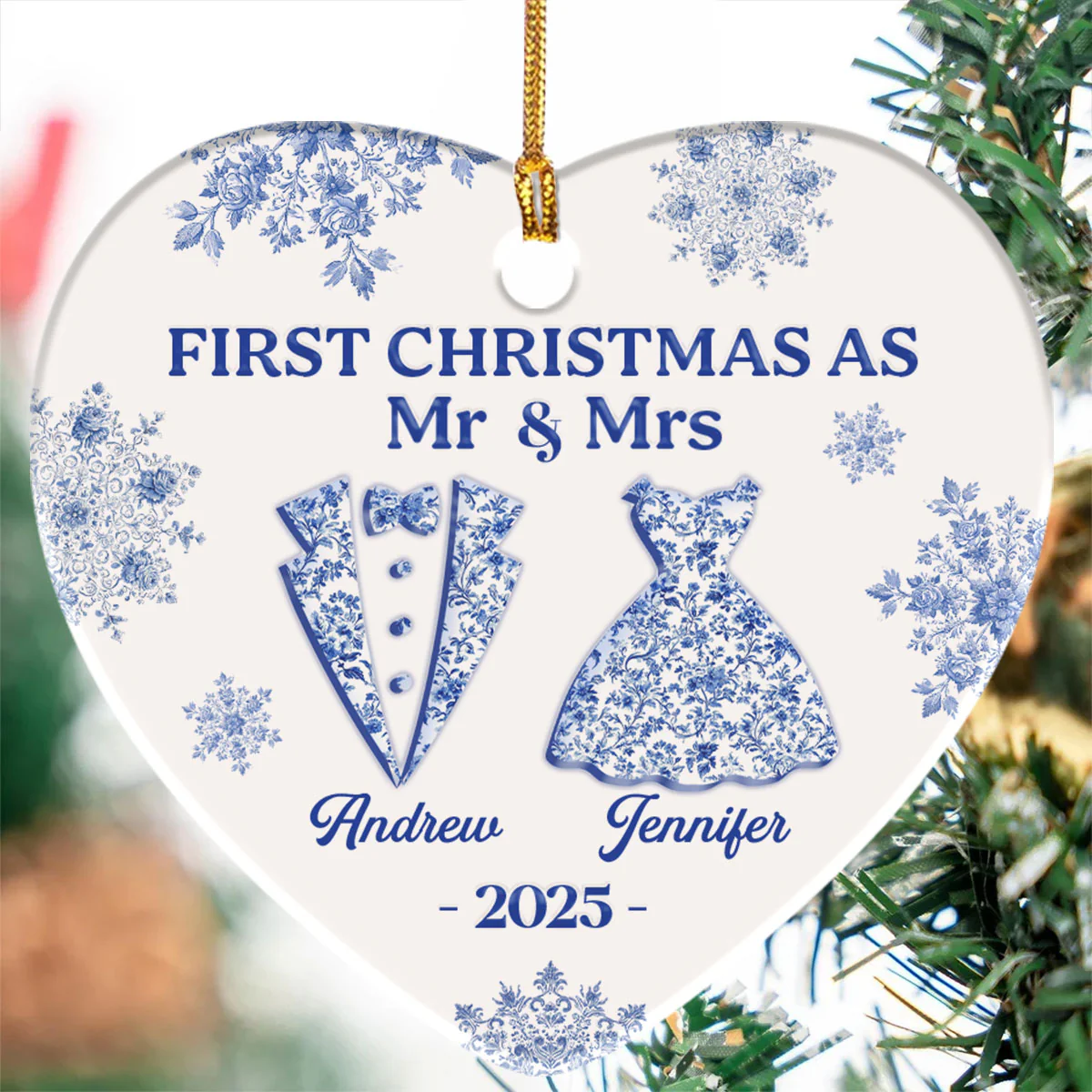 First Christmas As Mr & Mrs - Personalized Heart Shaped Ceramic Ornament - Image 5