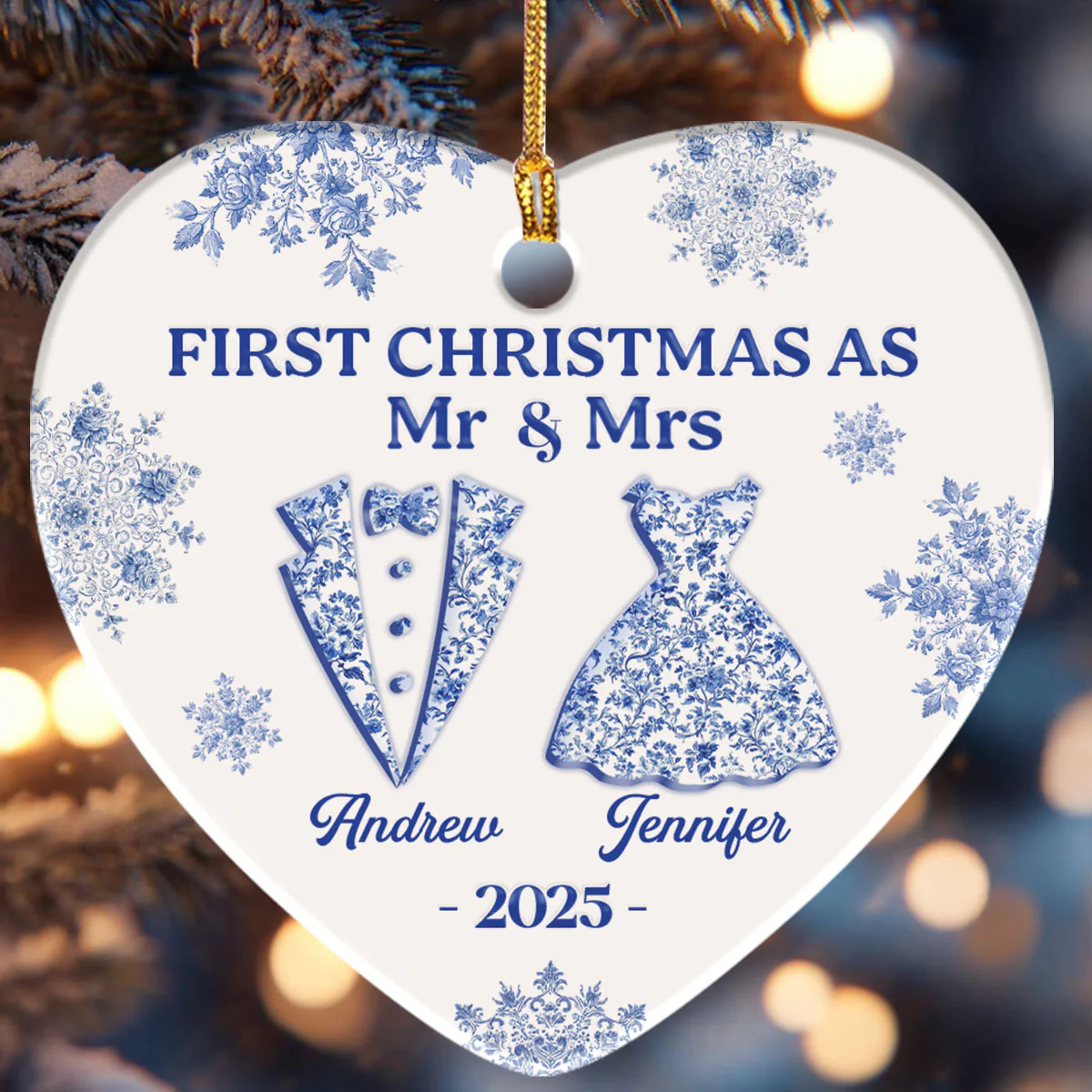 First Christmas As Mr & Mrs - Personalized Heart Shaped Ceramic Ornament - Image 6
