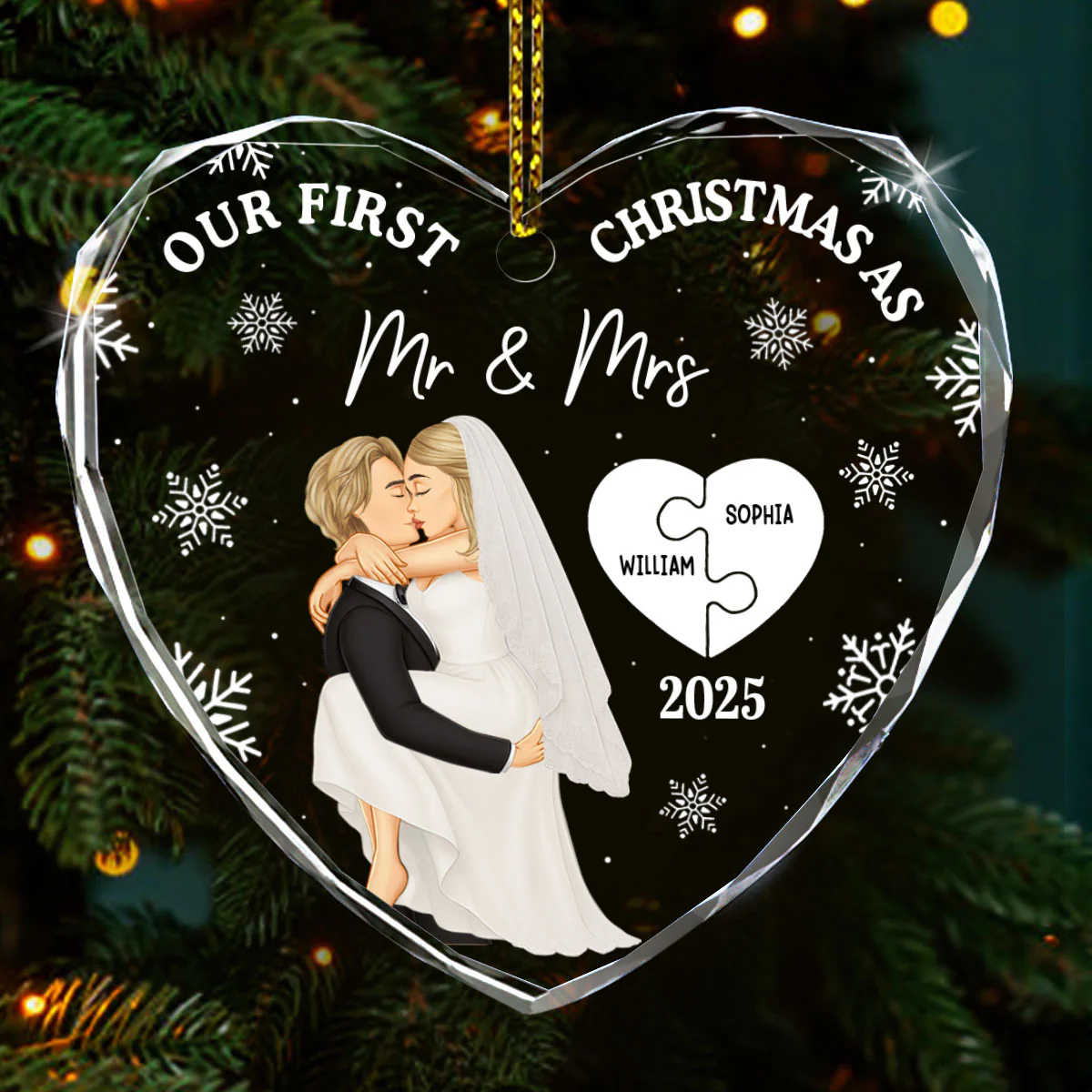 First Christmas As
Mr & Mrs - Personalized Heart Shaped Glass Ornament - Image 2