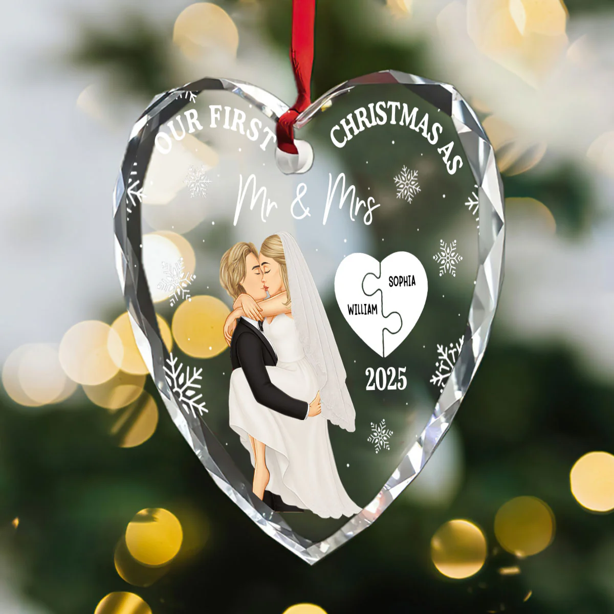 First Christmas As
Mr & Mrs - Personalized Heart Shaped Glass Ornament - Image 3