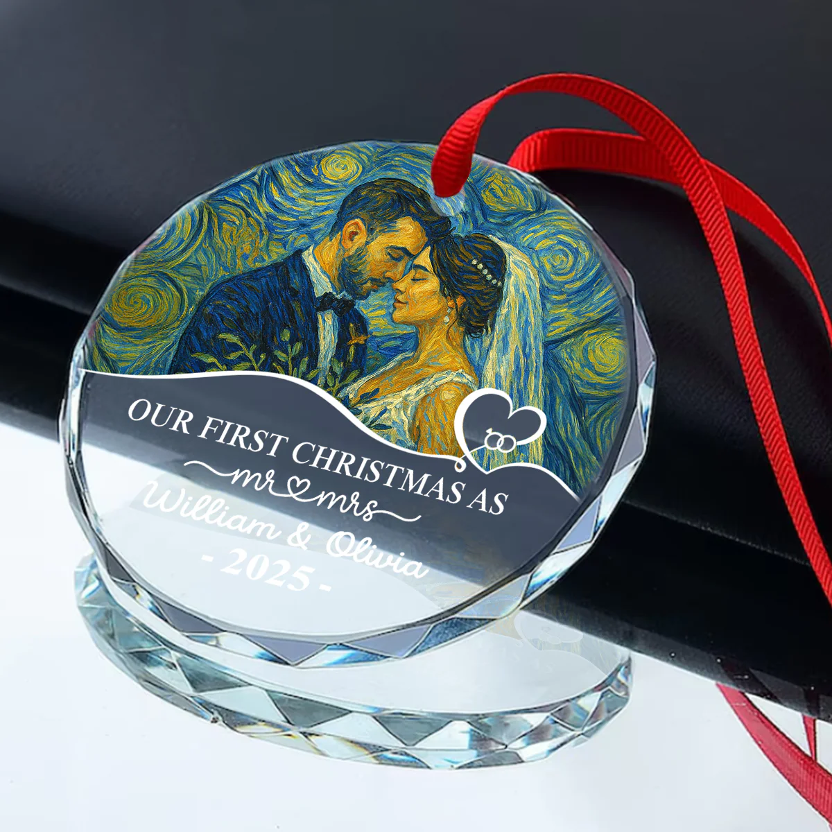 First Christmas As Mr & Mrs - Personalized Round Shaped Glass Ornament - Image 2
