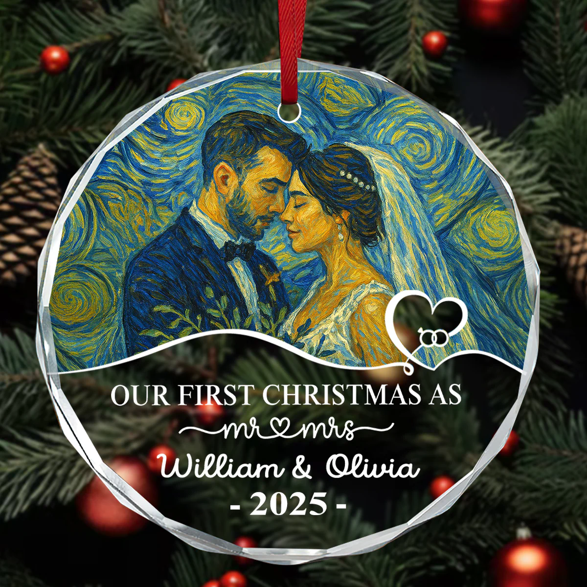 First Christmas As Mr & Mrs - Personalized Round Shaped Glass Ornament - Image 3