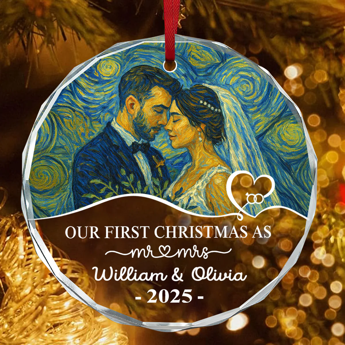 First Christmas As Mr & Mrs - Personalized Round Shaped Glass Ornament - Image 4