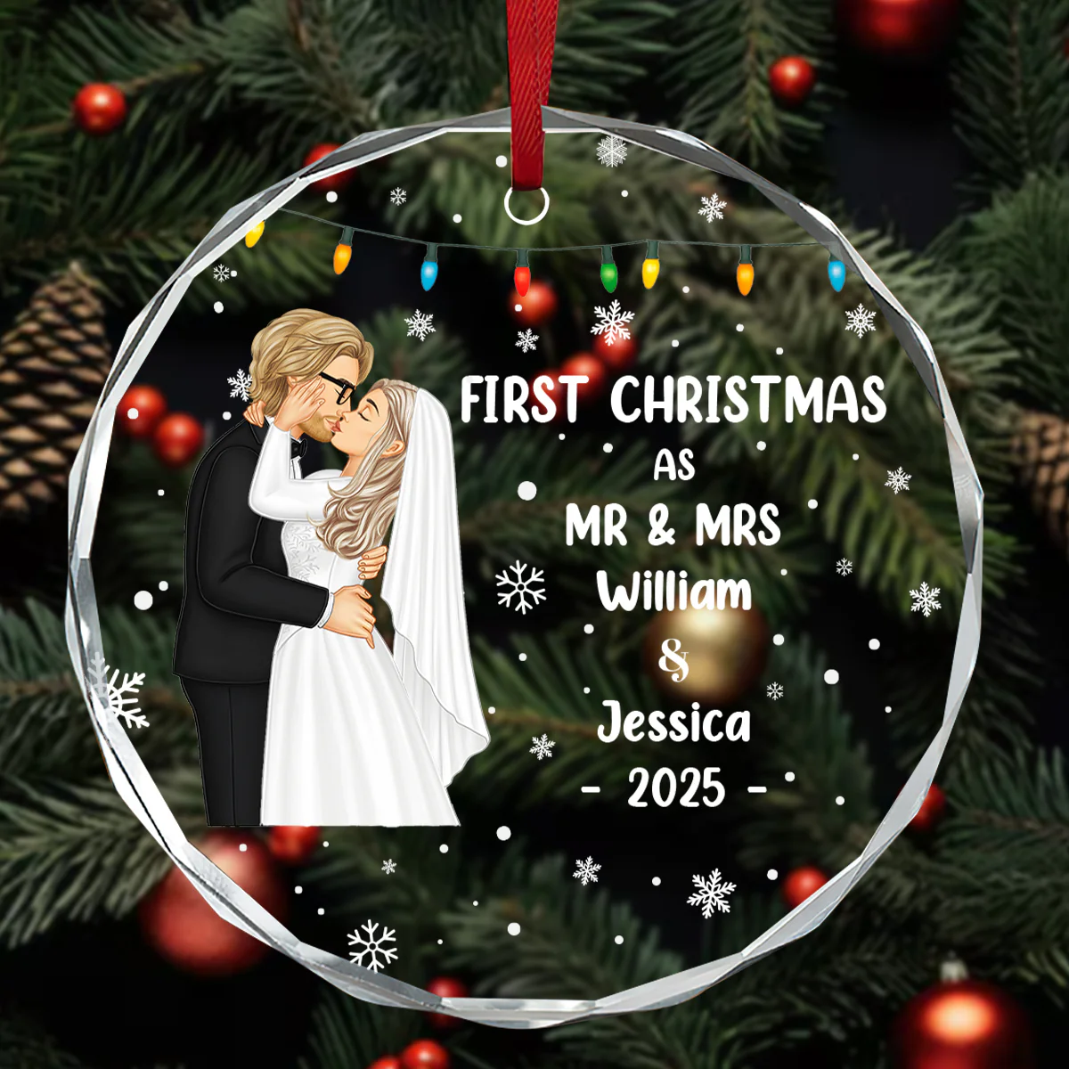 First Christmas As
Mr & Mrs - Personalized Round Shaped Glass Ornament - Image 3