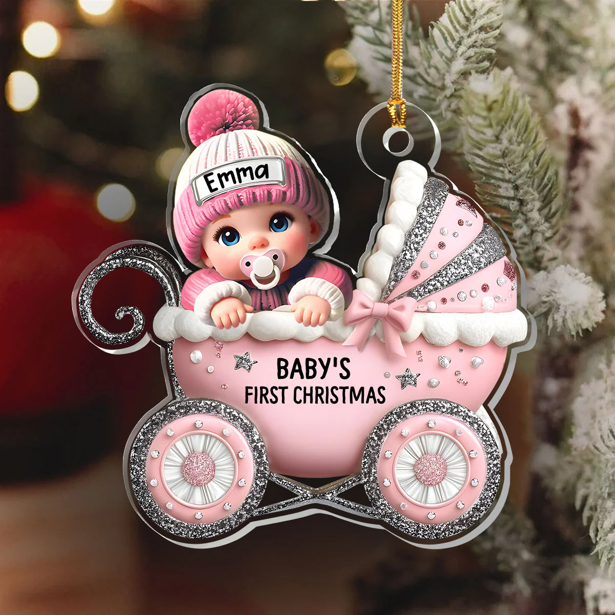First Christmas Baby Pram - Personalized 1-Layer Acrylic Ornament - Image 6