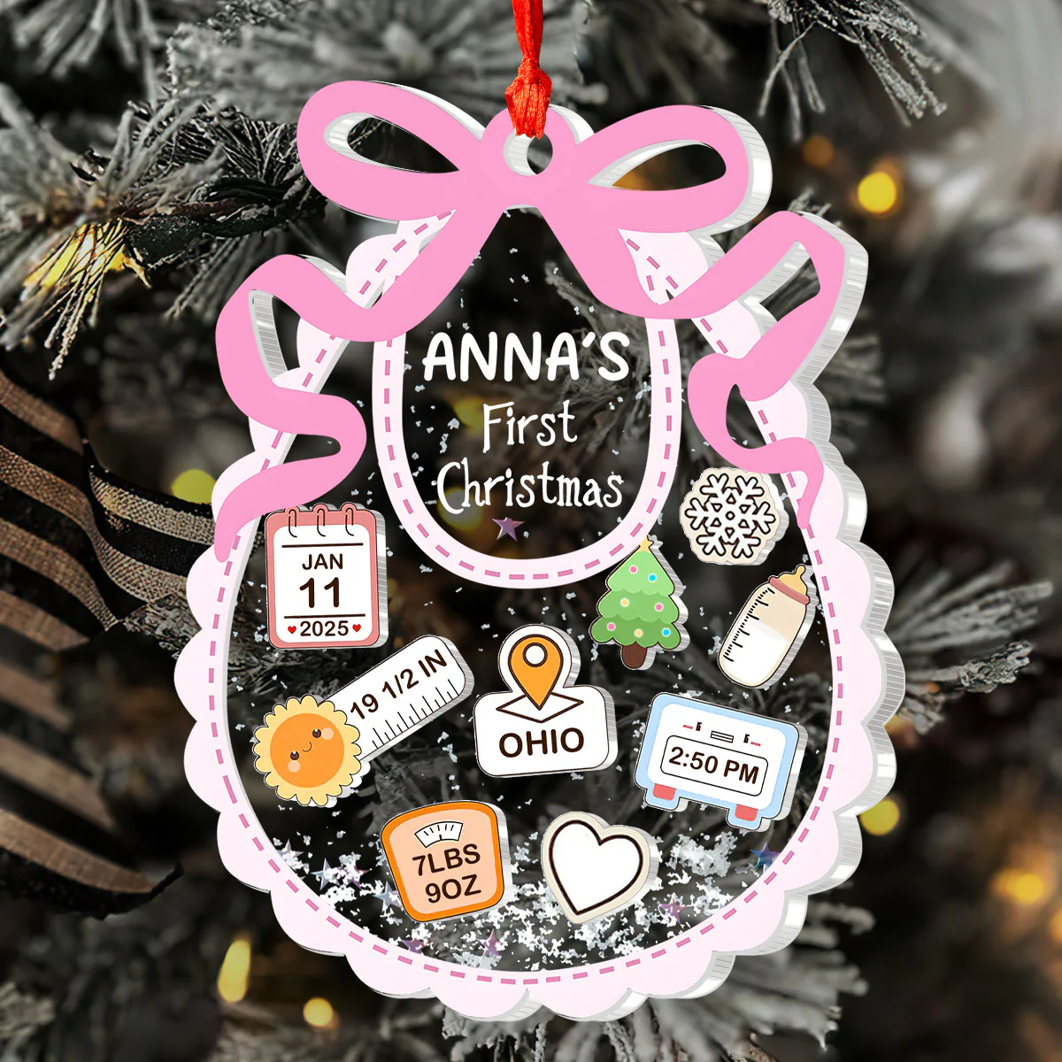 First Christmas Bib Heirloom - Personalized 3 Layered Christmas Shaker Ornament - Image 5