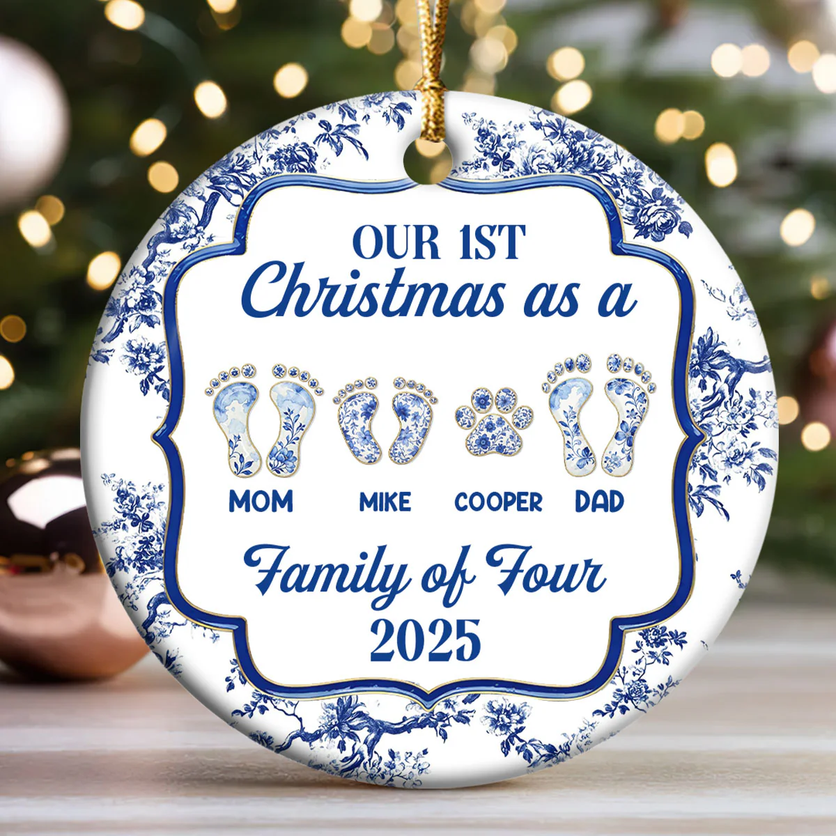 First Christmas Family - Personalized Round Shaped Ceramic Ornament - Image 3