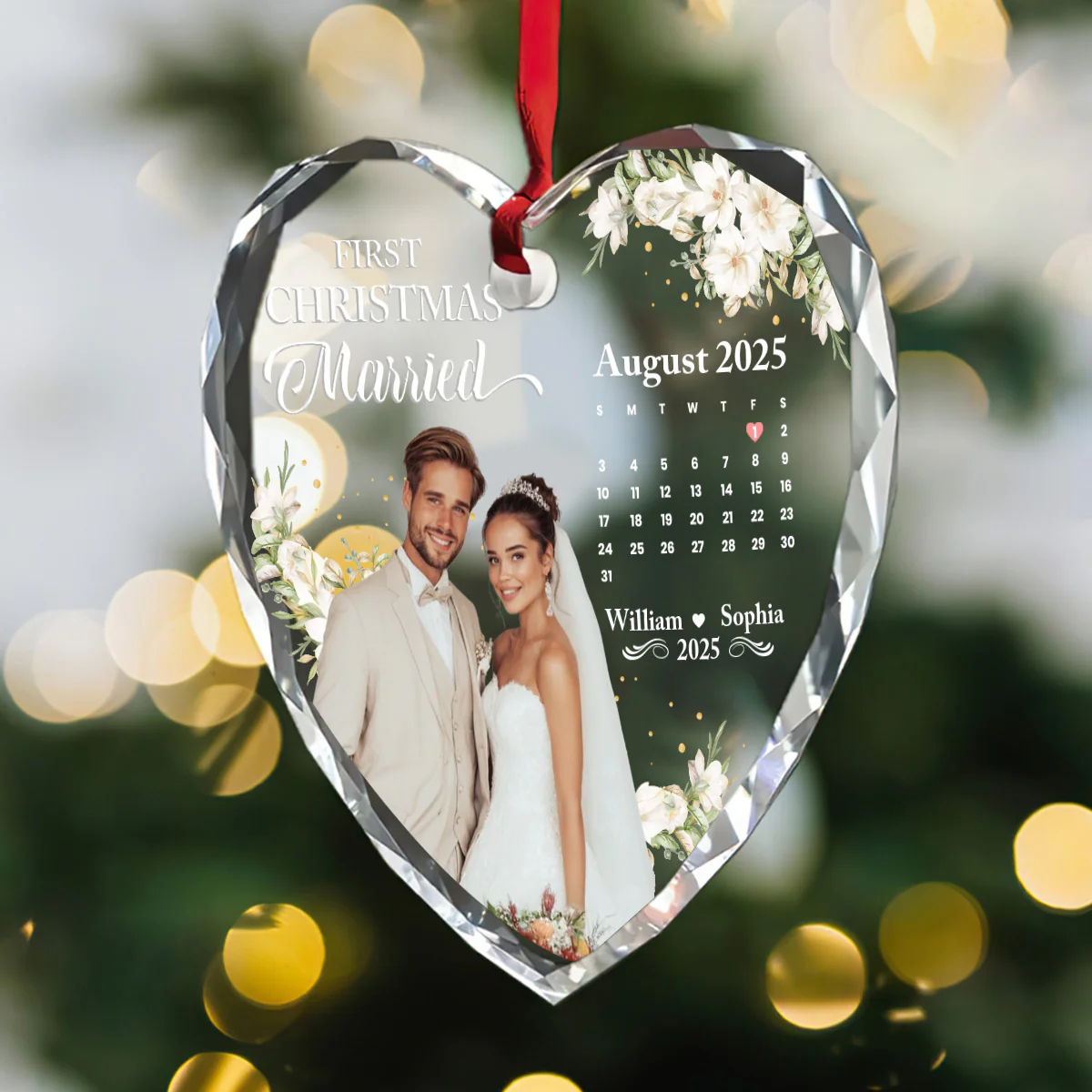 First Christmas Married - Personalized Heart Shaped Glass Ornament - Image 3