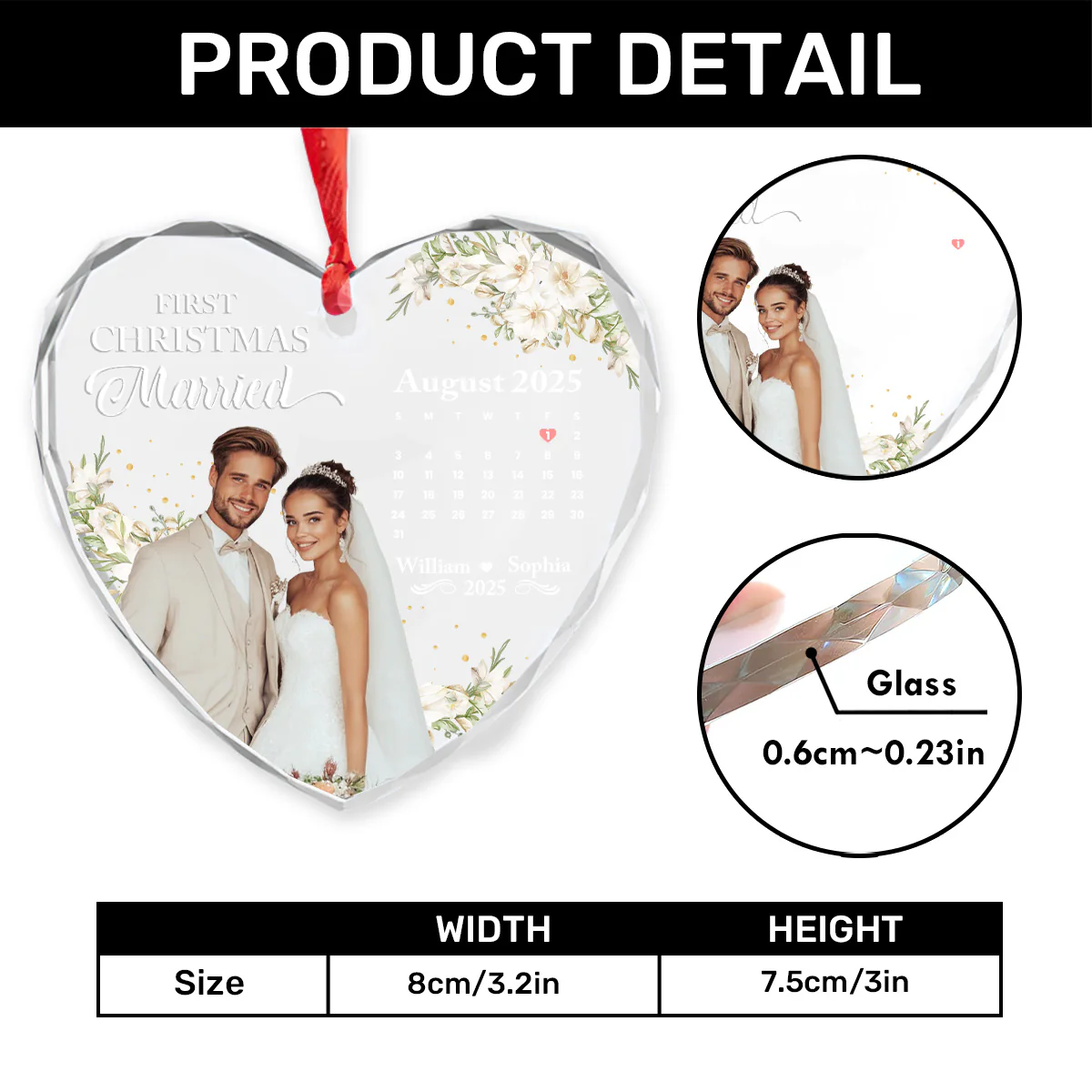 First Christmas Married - Personalized Heart Shaped Glass Ornament - Image 4