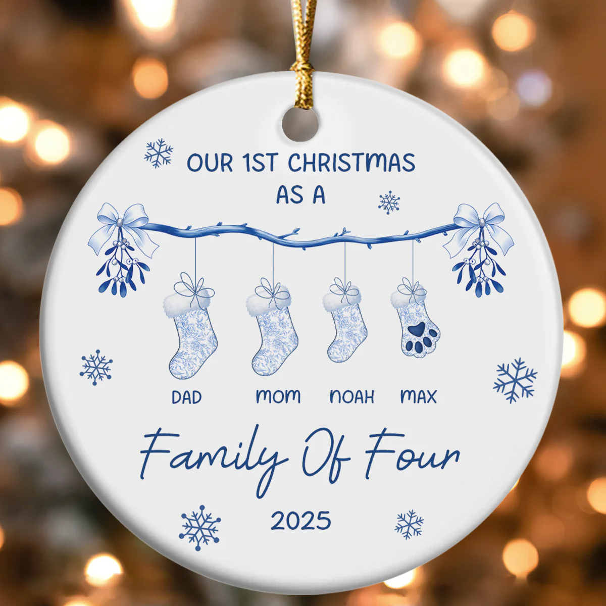 First Christmas Stock Family Toile De Jouy - Personalized Round Shaped Ceramic Ornament - Image 4