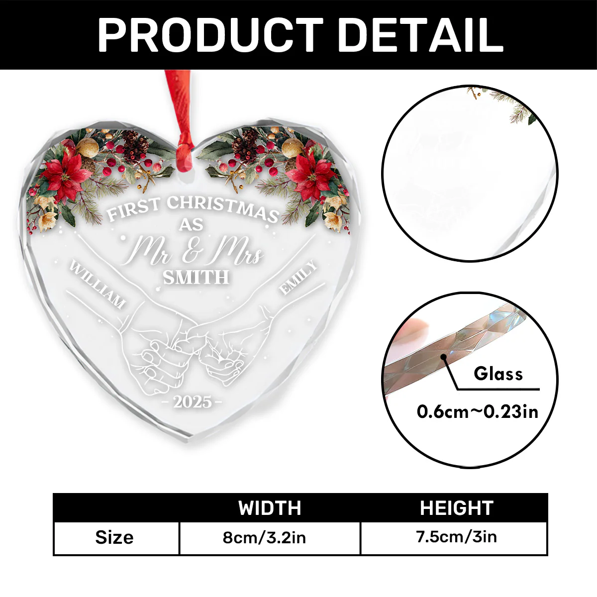 First Christmas Together - Personalized Heart Shaped Glass Ornament - Image 4